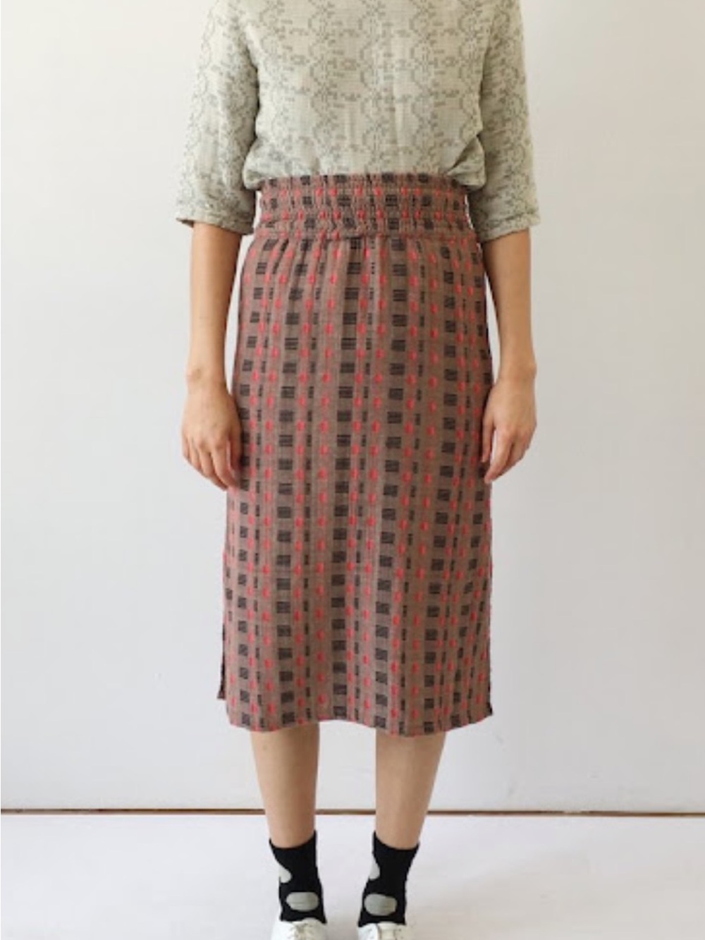 Ace & Jig Ramona skirt in Twine (Brown and Red geometric Midi Skirt)